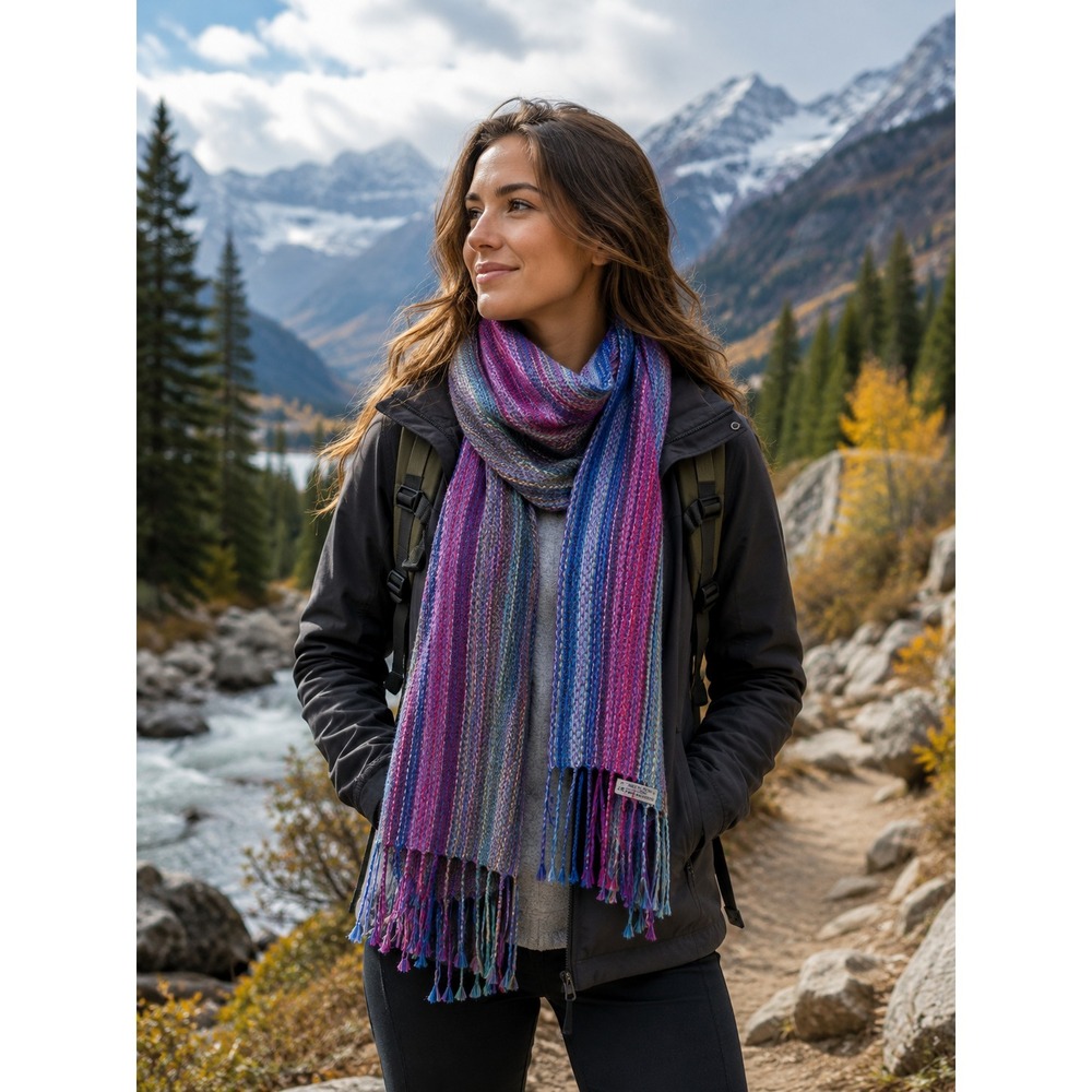 MELMAN Womens Shawl Scarf 100% ALPACA Wool Multicolor Striped BOLIVIA MADE